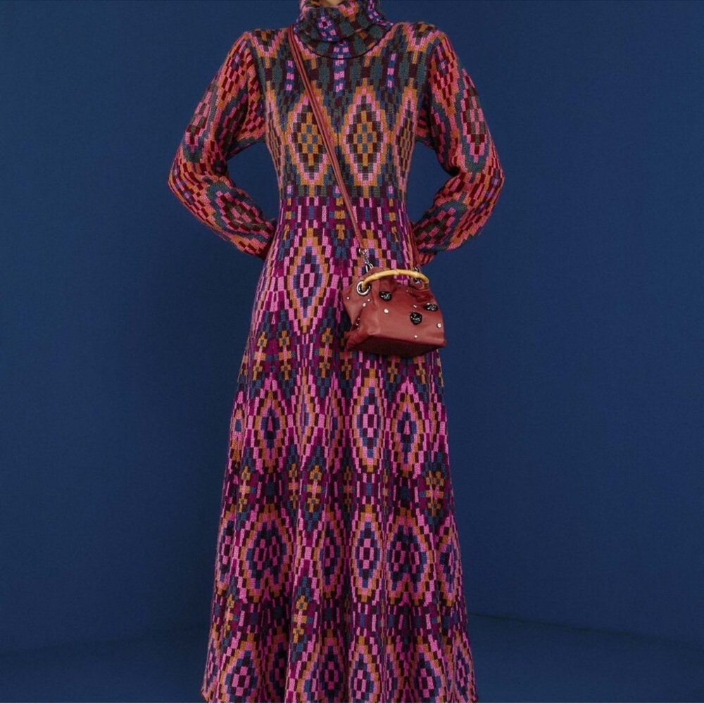 Farm Rio Tapestry Scarf Sweater Maxi Dress Knit Pink Multi Small‎ NWT - Picture 10 of 14